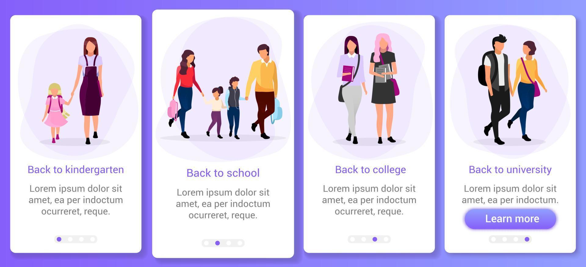 istruzione, modello di schermata dell'app mobile onboarding del primo settembre. ritorno a scuola, all'università, all'asilo, all'università. passaggi del sito Web con caratteri piatti. ux, ui, gui interfaccia del fumetto dello smartphone vettore