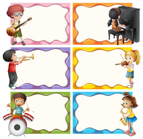 Modello di cornice con bambini che suonano strumenti musicali vettore