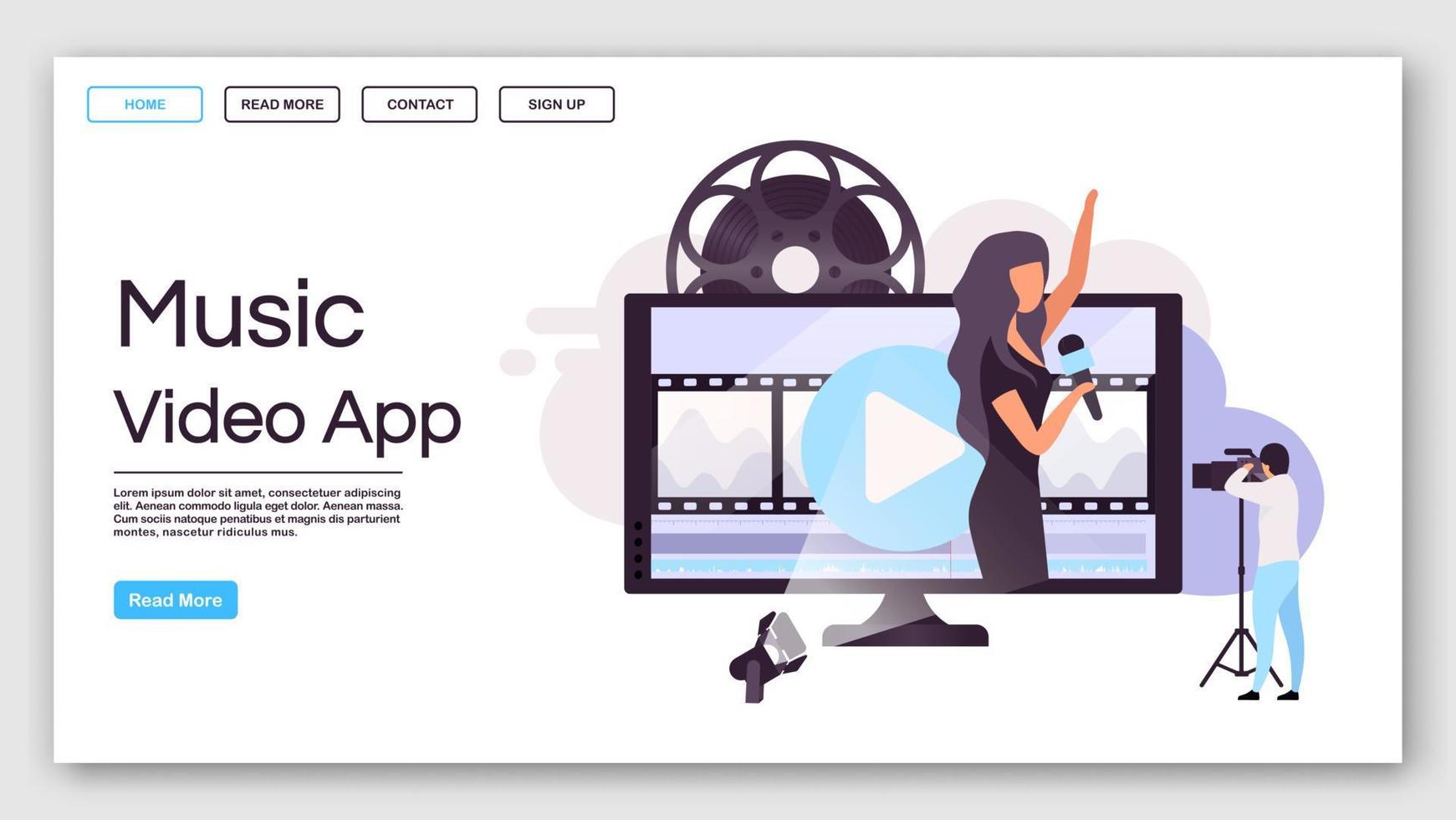 modello di vettore della pagina di destinazione dell'app video musicale. idea dell'interfaccia del sito Web di creatore di clip con illustrazioni piatte. layout della home page di produzione video. banner web di videografia, concetto di fumetto di pagina web