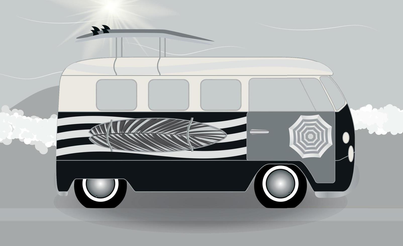 furgone dei cartoni animati con tavole da surf in piedi sulla strada in riva al mare. illustrazione vettoriale. vettore