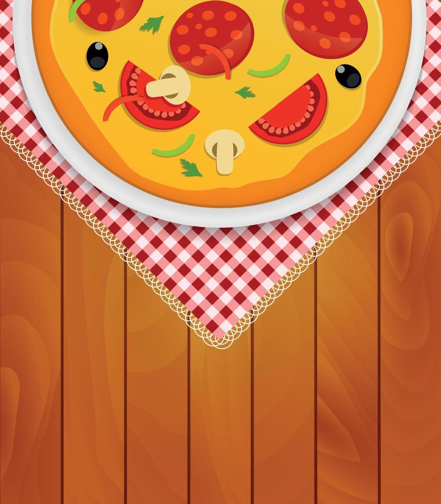 pizza in piatto bianco sul tovagliolo da cucina a tavole di legno sfondo illustrazione vettoriale