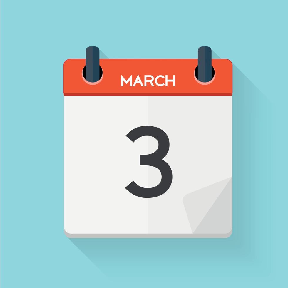 3 marzo calendario piatto icona quotidiana. emblema di illustrazione vettoriale. elemento di design per la decorazione di documenti e applicazioni per ufficio. logo di giorno, data, ora, mese e festività vettore