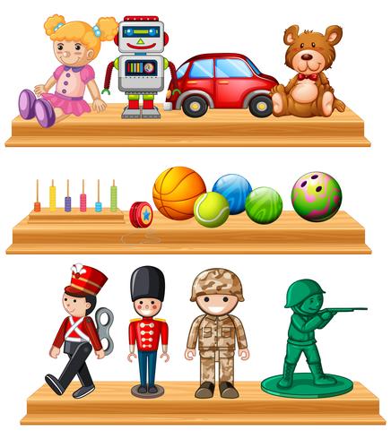 Bambole e palle diverse sugli scaffali vettore