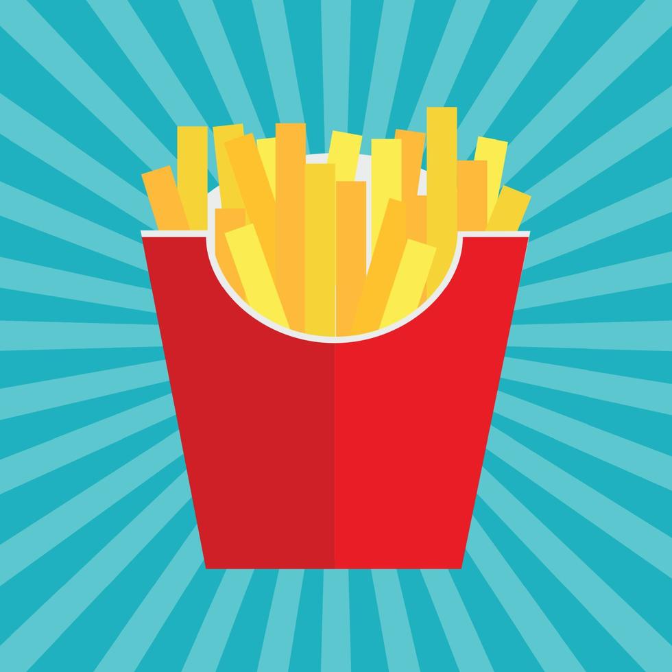 Fast food fritto in oro francese patatine fritte in involucro di carta su sfondo blu. illustrazione vettoriale