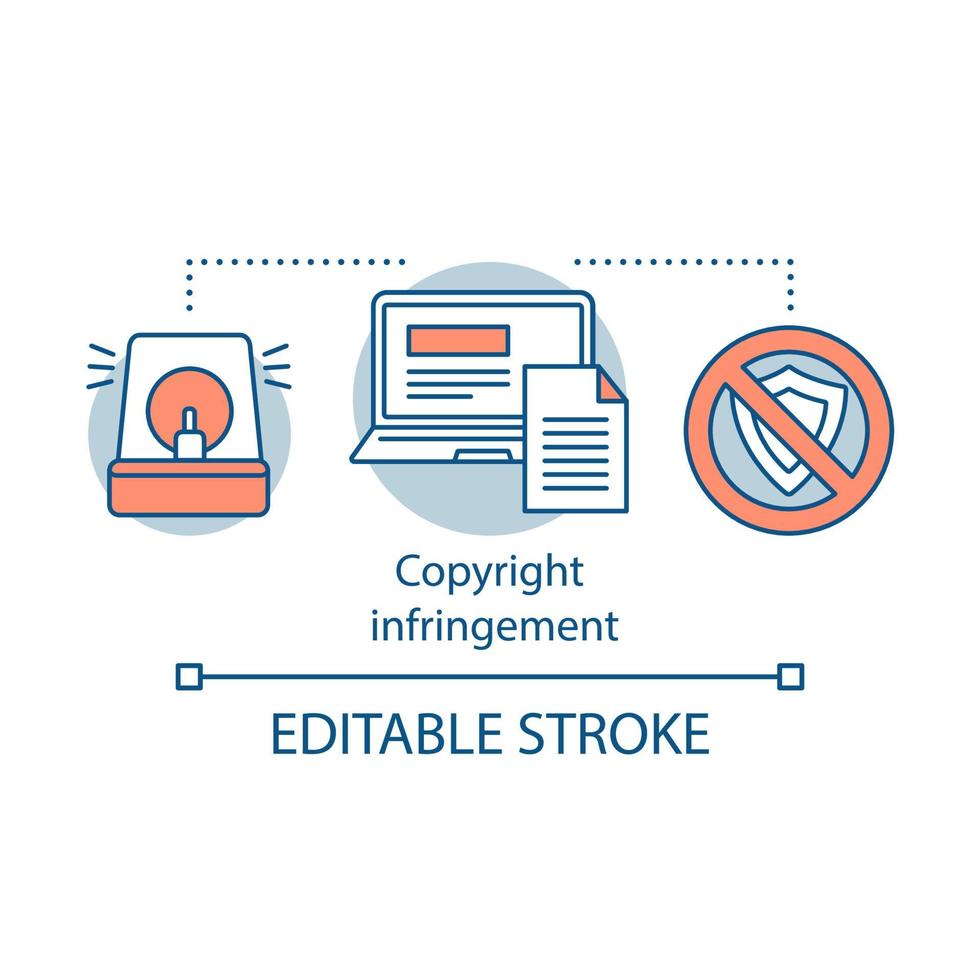 icona del concetto di violazione del copyright. illustrazione al tratto sottile idea di protezione dei diritti digitali. pirateria in linea. plagio. violazione della proprietà intellettuale. disegno vettoriale isolato profilo. tratto modificabile