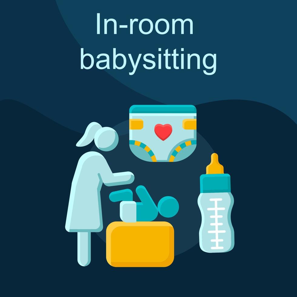 icona di vettore piatto concetto di baby sitter in camera. cura dei bambini, baby sitter, asilo nido, set di illustrazioni a colori per cartoni animati idea genitoriale. madre che cambia pannolino, forniture per neonati. elemento di design grafico isolato