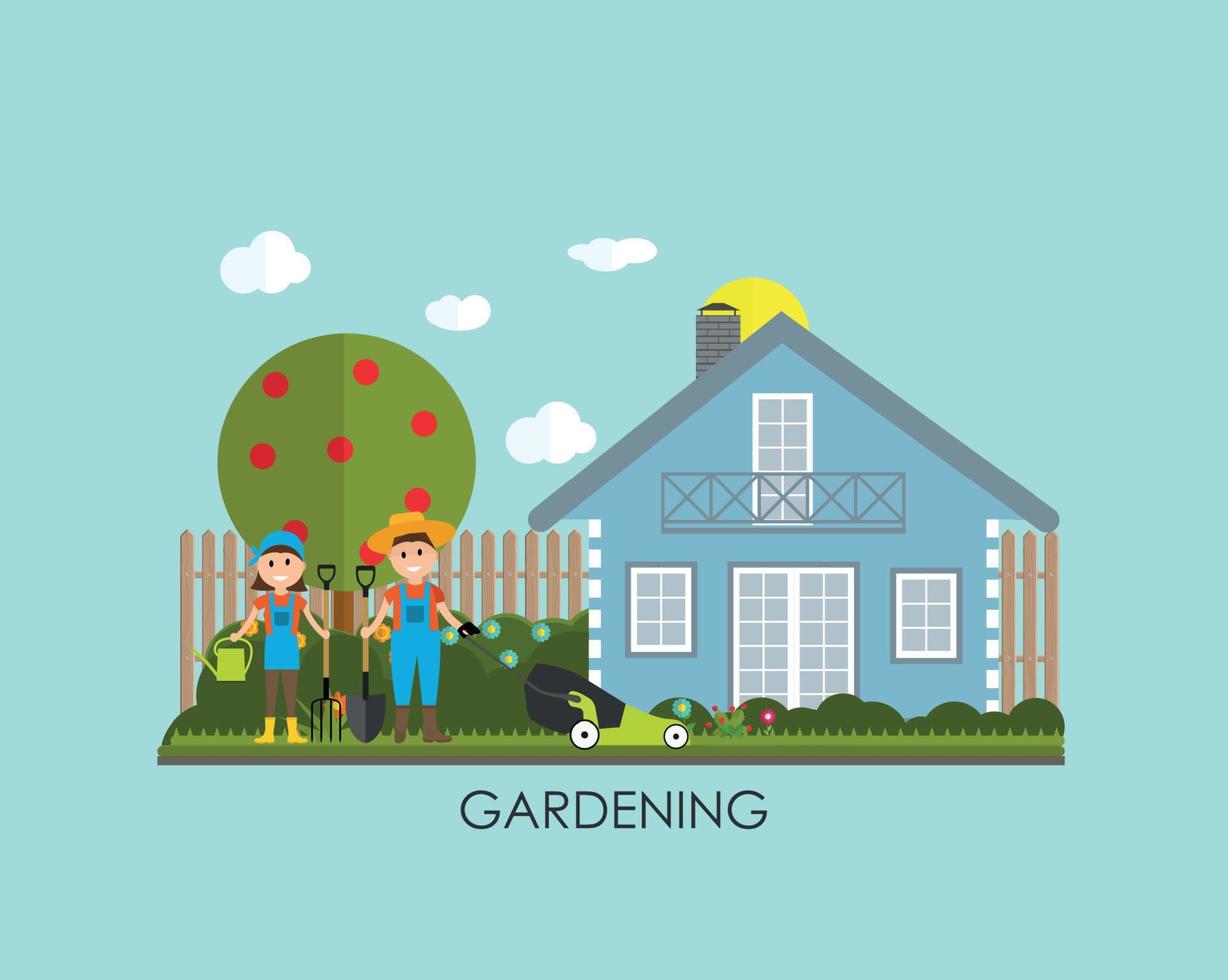 illustrazione vettoriale di sfondo giardino. contadino giardiniere uomo e donna in stile piatto moderno