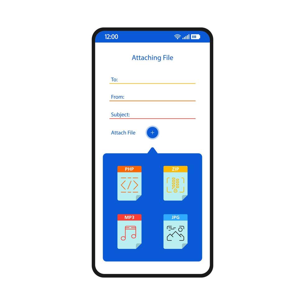 modello di vettore dell'interfaccia smartphone di invio di e-mail. layout di design bianco della pagina dell'app mobile. allegare file, schermo multimediale. interfaccia utente piatta per l'applicazione. condivisione di allegati online, aggiunta. display del telefono