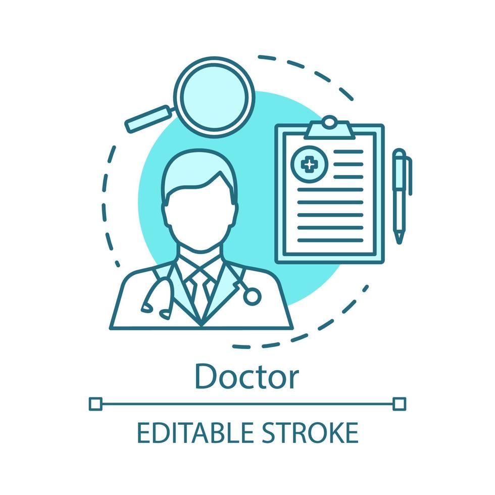 icona del concetto di medico. illustrazione al tratto sottile idea trattamento medico. cura e aiuto del paziente. esame del paziente. operatore sanitario. servizio medico. disegno vettoriale isolato profilo. tratto modificabile