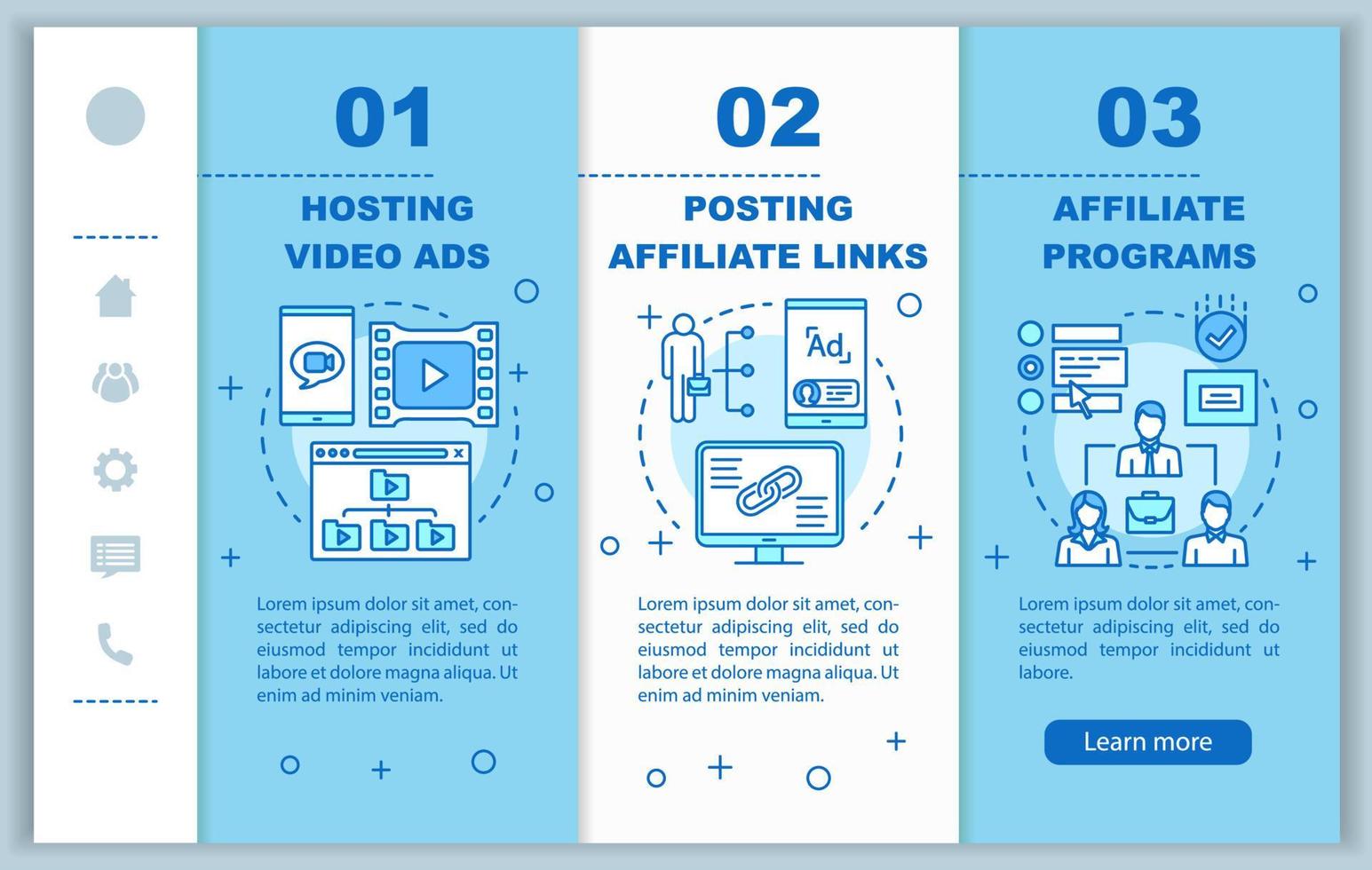 modello di vettore di pagine Web mobili onboarding marketing di affiliazione. annunci video. idea di interfaccia del sito Web per smartphone reattivo con illustrazioni lineari. schermate dei passaggi della procedura dettagliata della pagina Web. concetto di colore