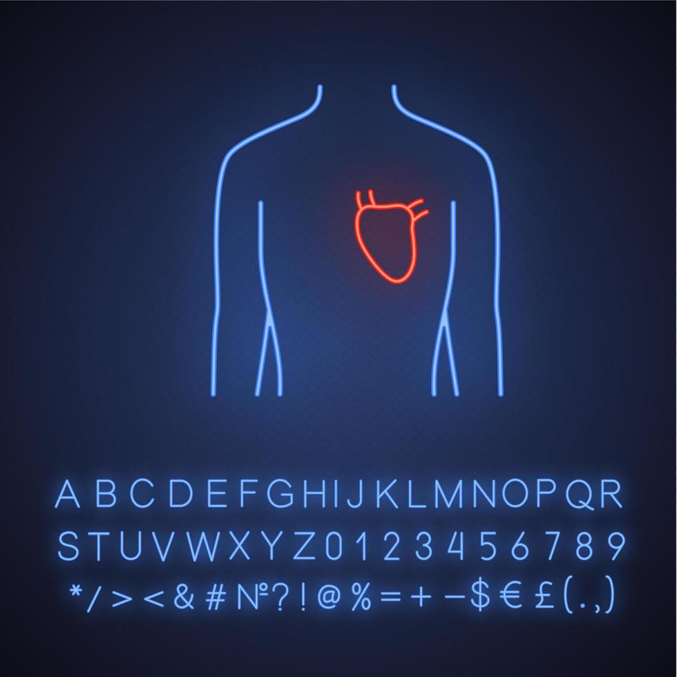 icona della luce al neon del cuore sano. organo umano in buona salute. sistema cardiovascolare funzionante. sana salute fisica. segno luminoso con alfabeto, numeri e simboli. illustrazione vettoriale isolato