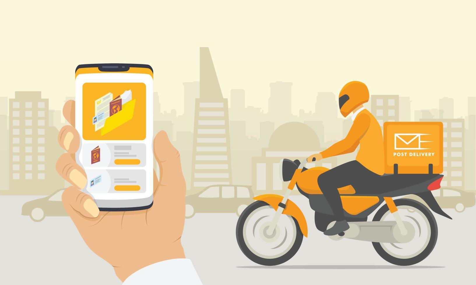 consegna del trasferimento di file di documenti con app per moto e smartphone con sillhouette di sfondo della città - vettore