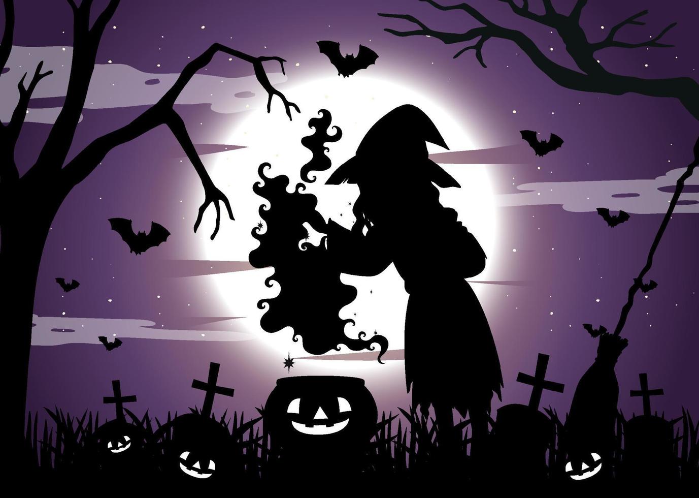 sfondo di notte di halloween con silhouette di strega vettore