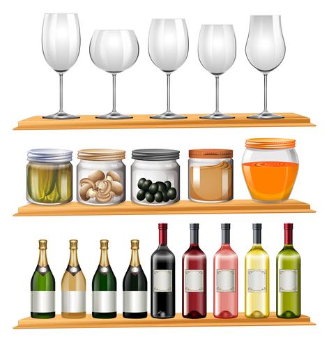 Bicchieri da vino e cibo sugli scaffali in legno vettore