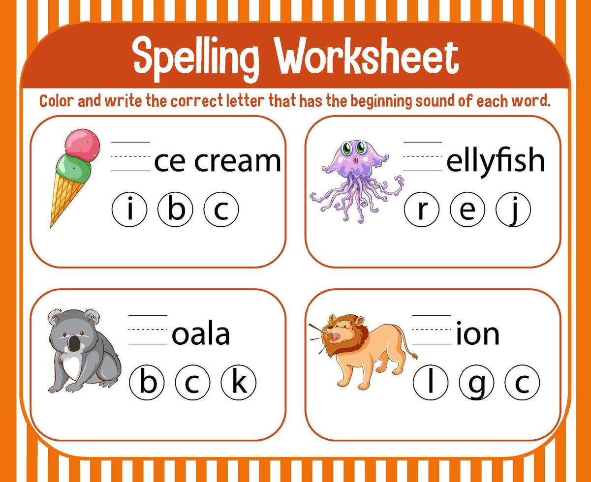 modello di foglio di lavoro ortografico per bambini vettore