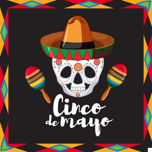Modello di carta Cinco de Mayo con cappello da portare del cranio vettore