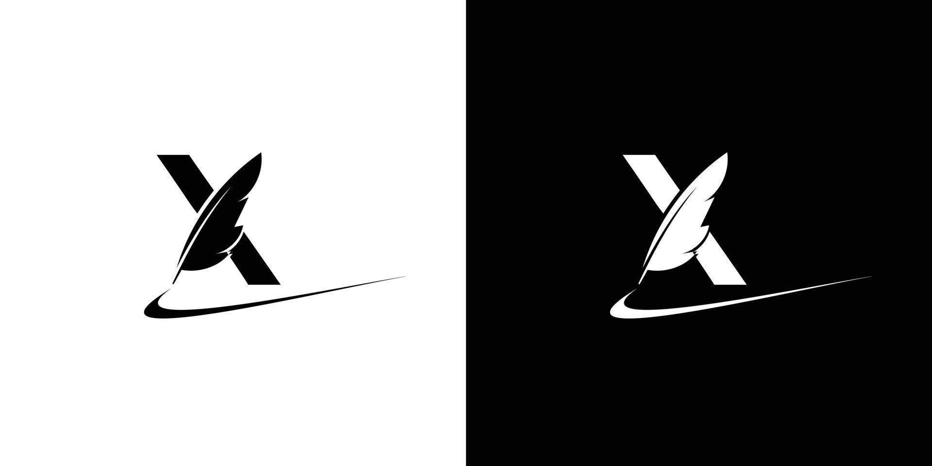 il design del logo iniziale della lettera x, una combinazione di una penna in piuma d'oca, è unico e attraente vettore