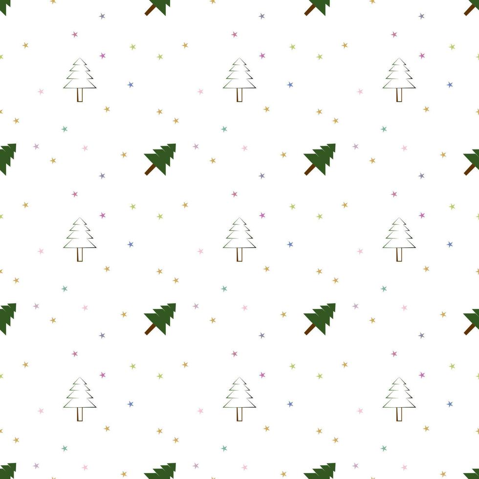 motivo ripetuto vettoriale natalizio, motivo ripetuto vettoriale semplice tema natalizio con albero di natale e stelle, motivo ripetuto vettoriale disegnato a mano per tessuto, confezione regalo, tessuto, sfondo web.