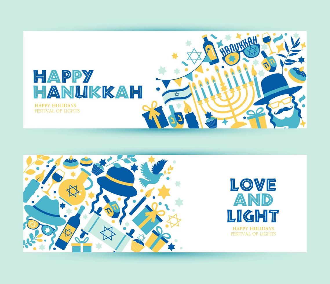 set di banner di hanukkah per le vacanze ebraiche e simboli tradizionali di chanukah di invito. vettore