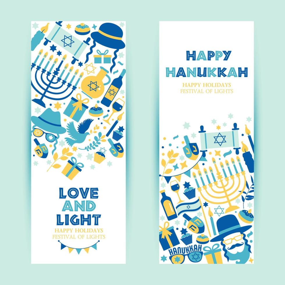 set di banner di hanukkah per le vacanze ebraiche e simboli tradizionali di chanukah di invito. vettore