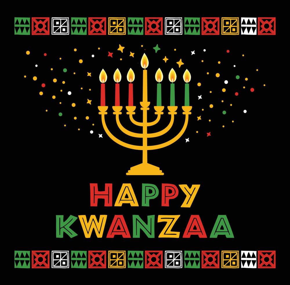 illustrazione vettoriale di kwanzaa. simboli africani di vacanza con scritte, candele su sfondo nero.