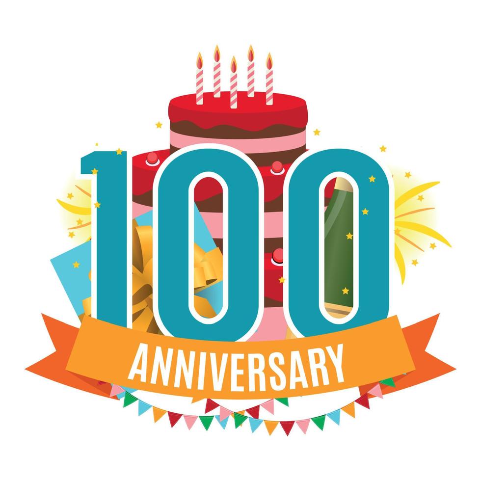 modello 100 anni anniversario congratulazioni, biglietto di auguri con torta, confezione regalo, fuochi d'artificio e illustrazione vettoriale di invito a nastro