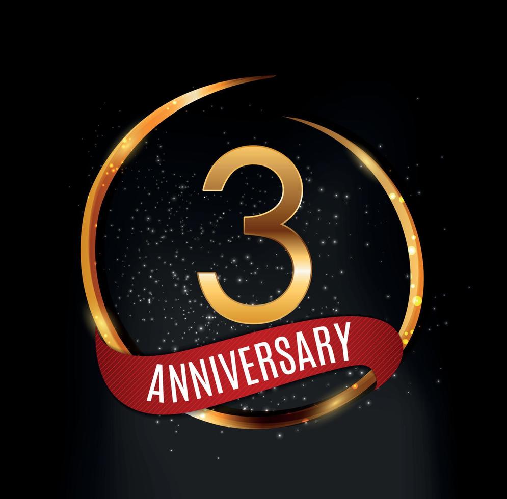 modello logo oro 3 anni anniversario con illustrazione vettoriale nastro rosso