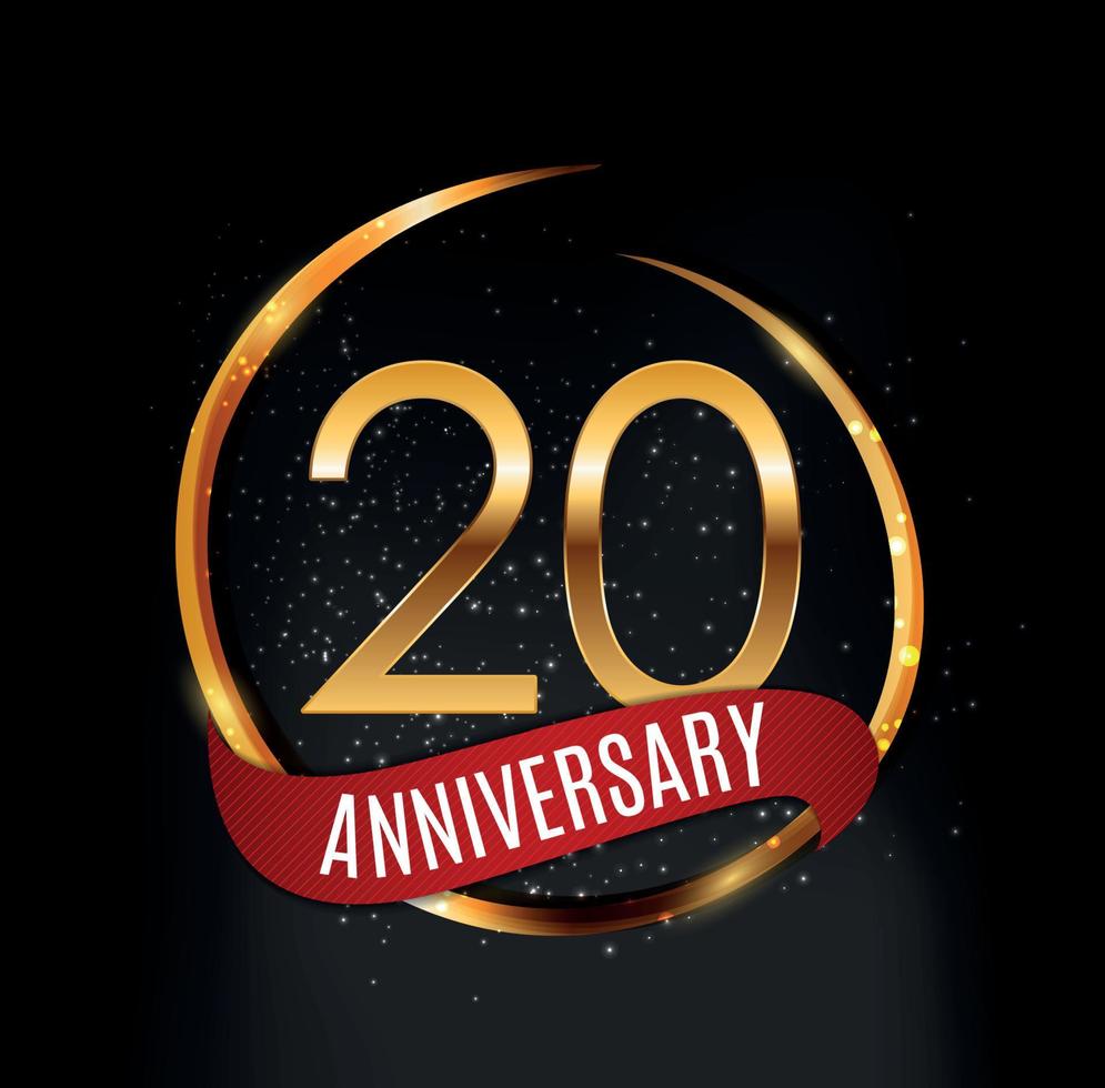 modello logo oro 20 anni anniversario con illustrazione vettoriale nastro rosso