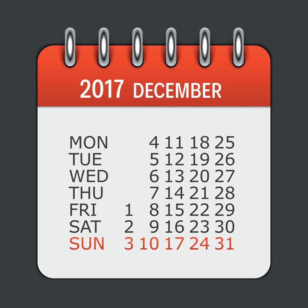 dicembre 2017 calendario icona quotidiana. emblema di illustrazione vettoriale. elemento di design per la decorazione di documenti e applicazioni per ufficio. logo di giorno, data, mese e festività vettore