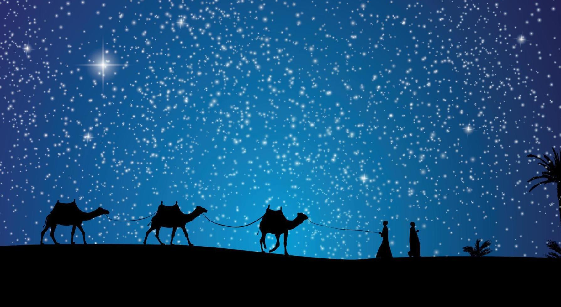 silhouette di caravan con persone e cammelli che vagano per i deserti con le palme di notte e di giorno. illustrazione vettoriale. vettore