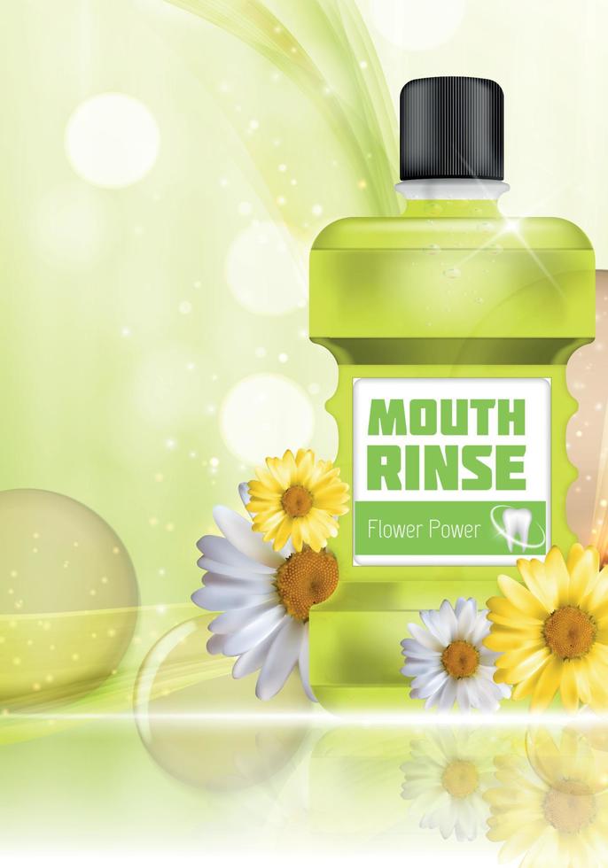risciacquo bocca design cosmetico bottiglia di prodotto con fiori modello di camomilla per annunci, vendita di annunci, promozione di nuovi prodotti o sfondo di una rivista. Illustrazione vettoriale realistica 3D