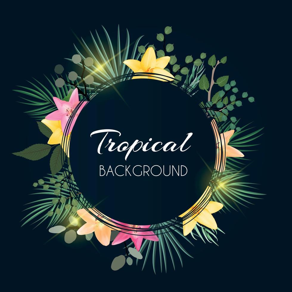 astratto cornice tropicale naturale sfondo scuro con palme e altre foglie e fiori di giglio. illustrazione vettoriale