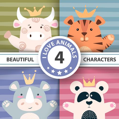 Set personaggi dei cartoni animati - toro, panda, tigre, rinoceronte. vettore