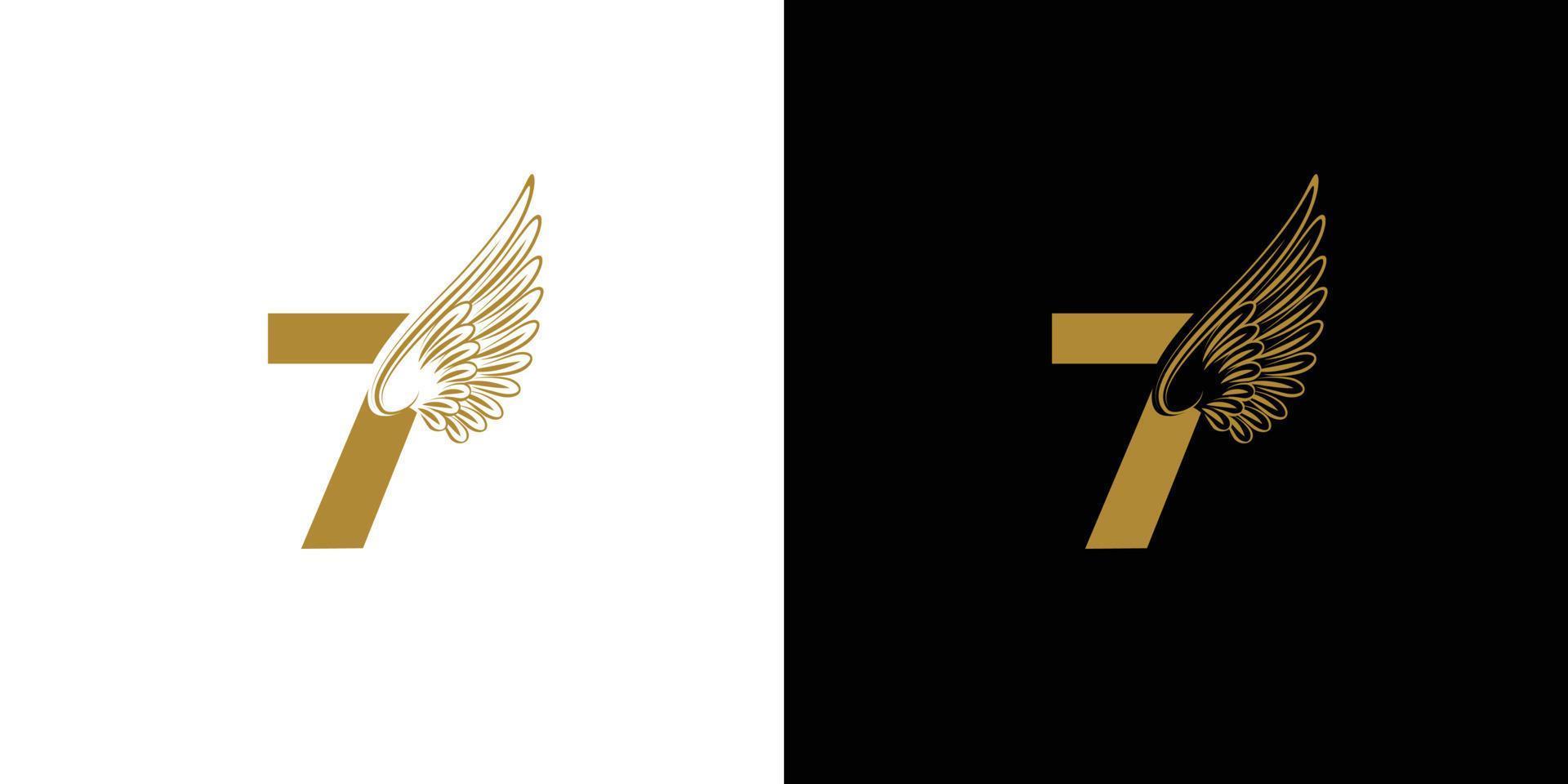 il design del logo numero sette combinato con il moderno e sorprendente simbolo dell'ala vettore