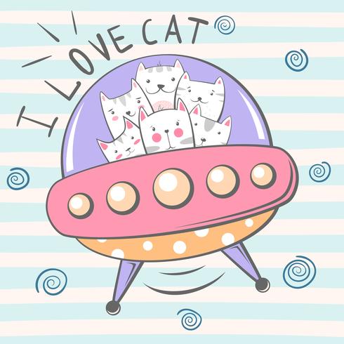 Simpatico, simpatico, carino, divertente, pazzo, bellissimo personaggio di gatto. Illustrazione UFO. vettore