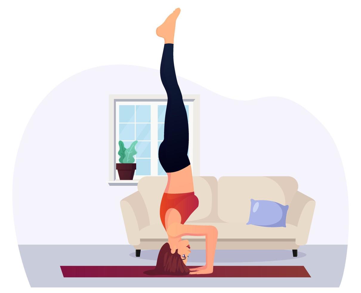 donna in posizione verticale che esegue yoga a casa per il fitness e il relax illustrazione vettoriale premium