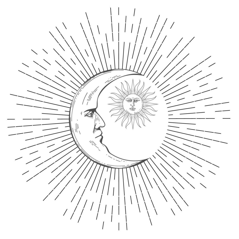 luna crescente boho con sole, disegno del tatuaggio vettore