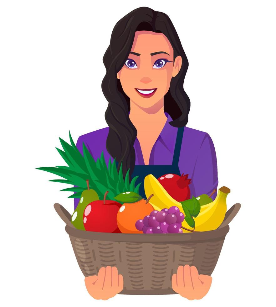 sorridente contadino portando cesto di frutta isolato su sfondo bianco. bella donna con capelli neri e illustrazione vettoriale camicia viola.