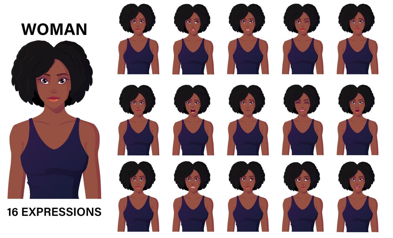 bellissimo personaggio dei cartoni animati di donna nera in abito 16 emozioni ed espressioni facciali vettore premium
