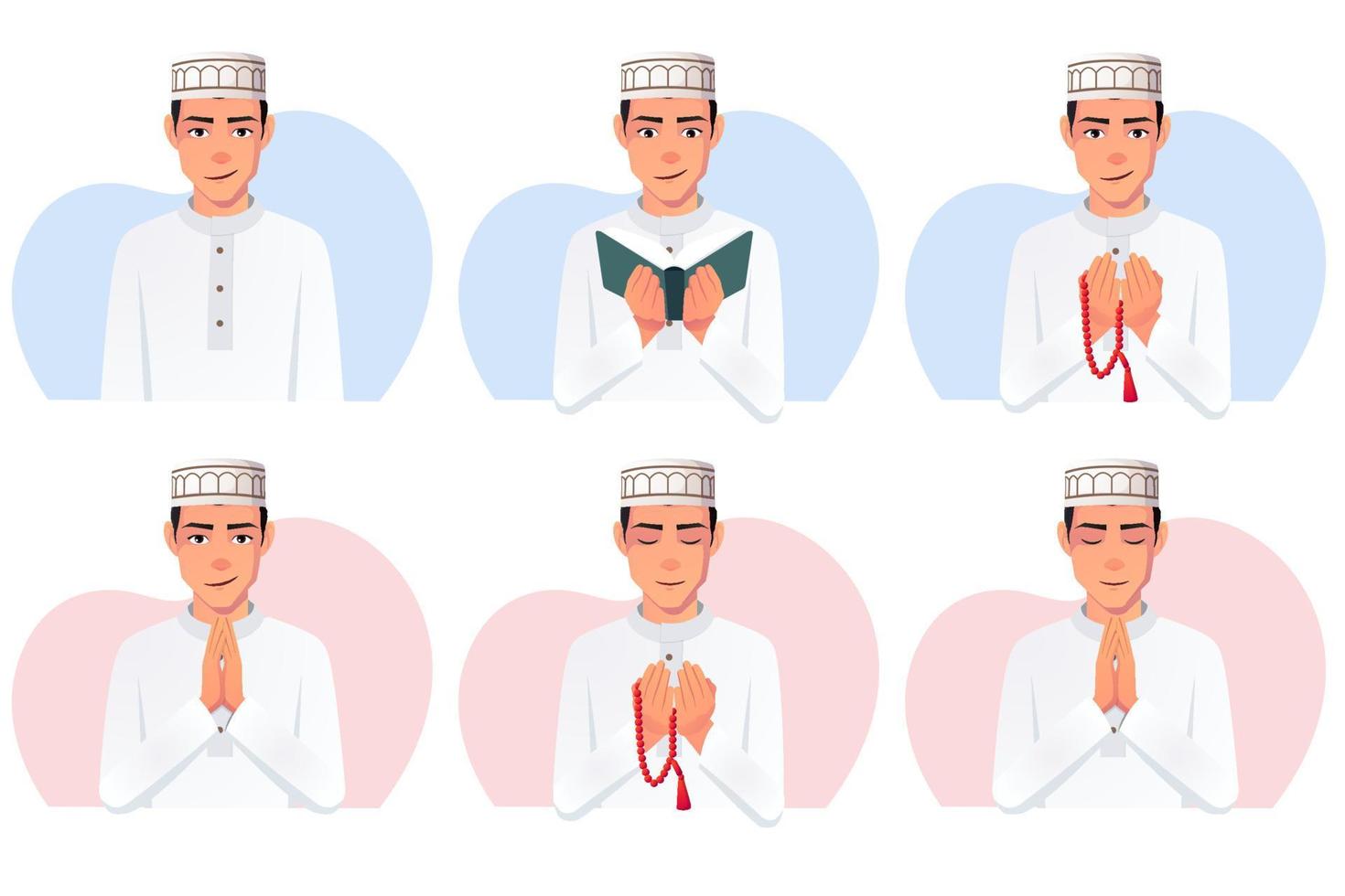 uomo musulmano vestito bianco thobe, indossando il cappello taqiyah leggendo il corano, pregando con perle, sorridente illustrazione vettoriale. vettore