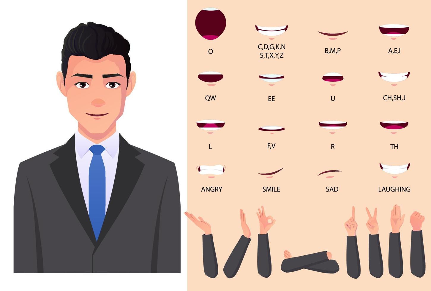 set di animazione della bocca dell'uomo d'affari e sincronizzazione labiale con l'uomo caucasico in abito grigio illustrazione vettoriale premium