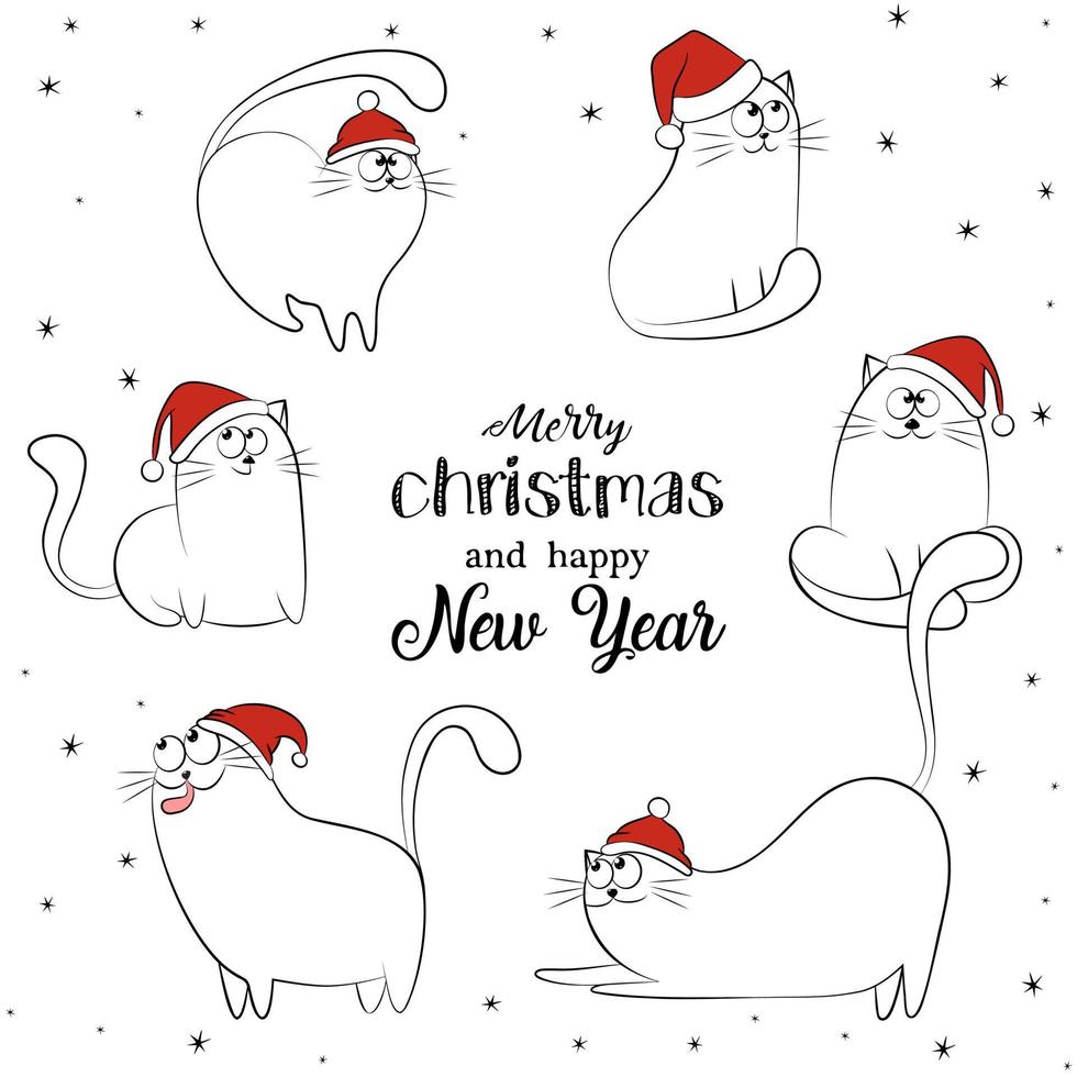 carta di gatti divertenti buon natale. simpatici gatti con cappello rosso. vettore