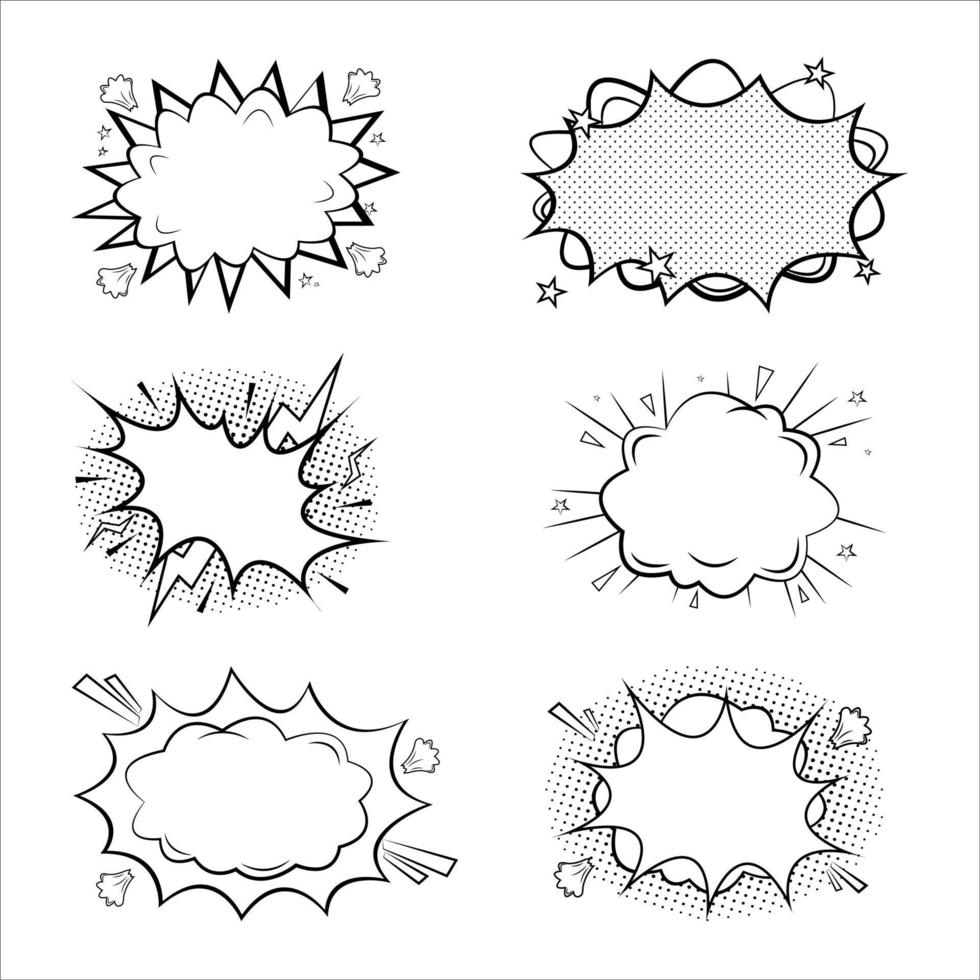 vettore di arte di linea di esplosione comica con raccolta di bolle. scoppio comico con nuvole bianche e nere. set di icone vettoriali fumetto, illustrazione piatta in bianco e nero per fumetti.