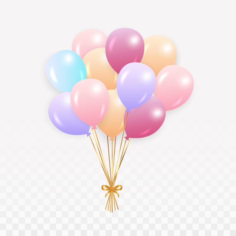 simpatica collezione di palloncini colorati. png di palloncini multicolori. disegno del palloncino di compleanno con nastro dorato. palloncino blu, viola, rosso, giallo per compleanni, anniversari, matrimoni, festival, ecc. vettore