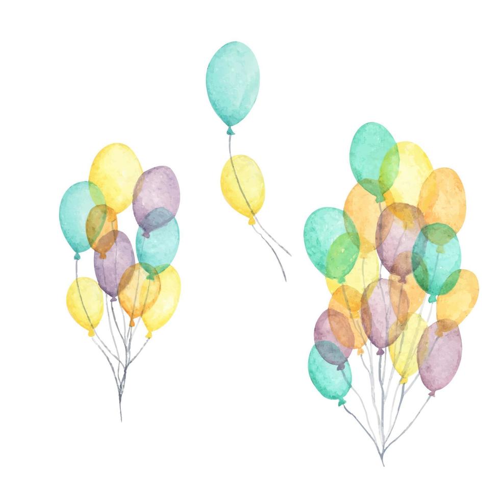 grappoli e gruppi di palloncini colorati. illustrazione dell'acquerello. vettore
