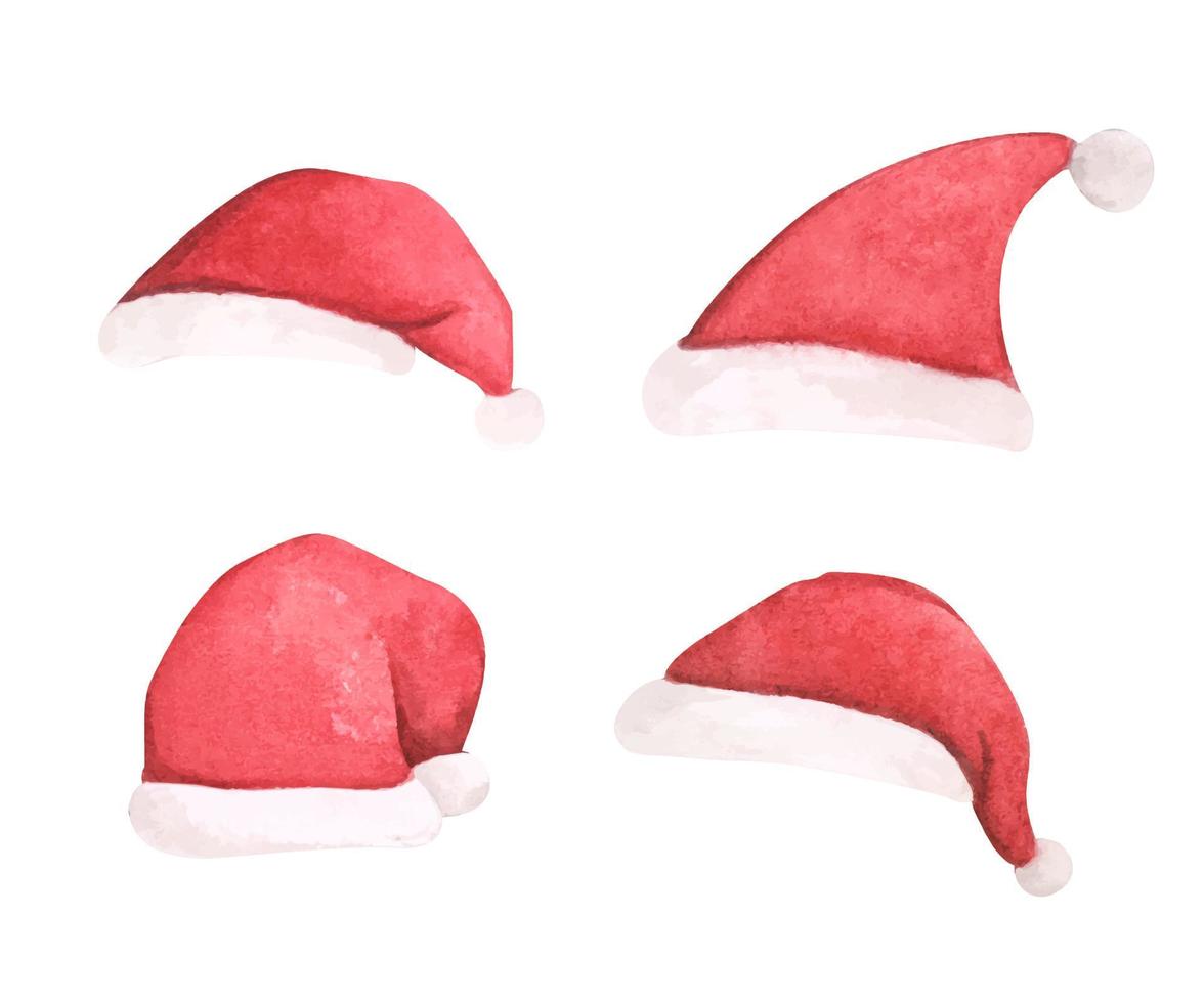 cappelli rossi di babbo natale. illustrazione di stagione di natale dell'acquerello. vettore