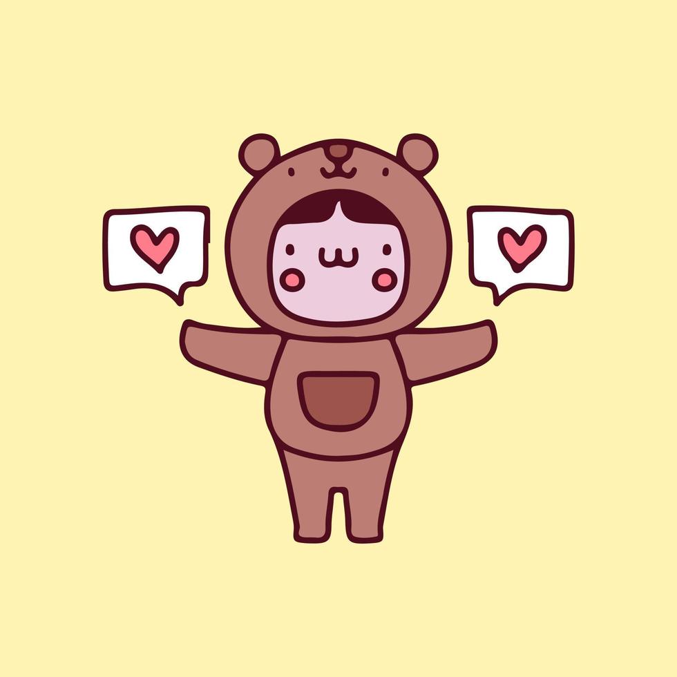 simpatico bambino indossa un costume da orso con illustrazione del messaggio d'amore. grafica vettoriale per stampe di t-shirt e altri usi.