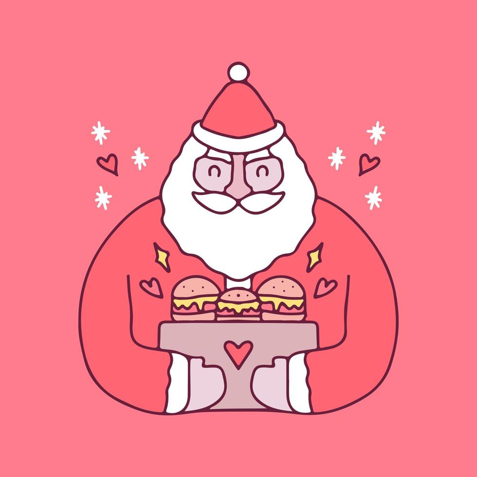 Babbo Natale felice che tiene un sacchetto di illustrazione di hamburger. grafica vettoriale per stampe di t-shirt e altri usi.