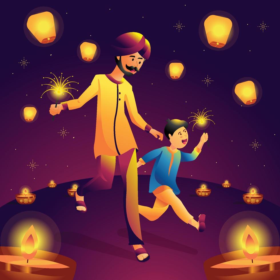 padre e figlio al festival di diwali vettore