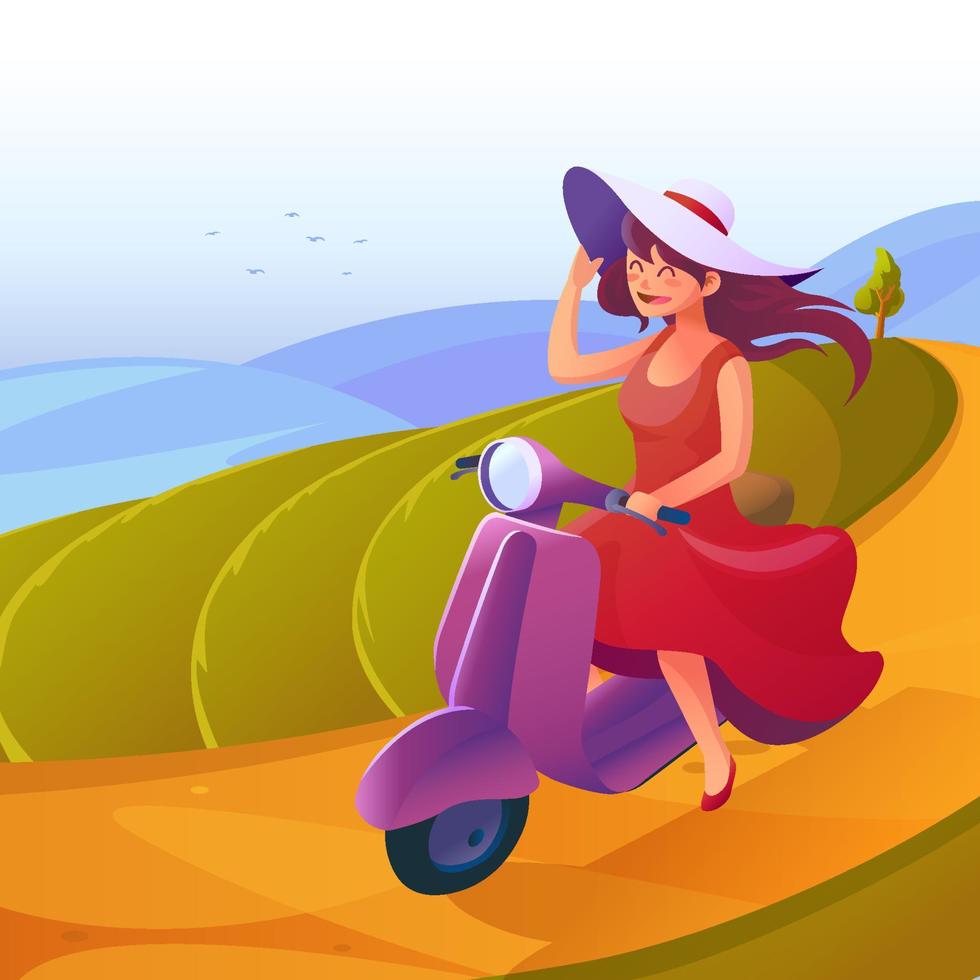 la giovane donna guida lo scooter al bellissimo paesaggio vettore